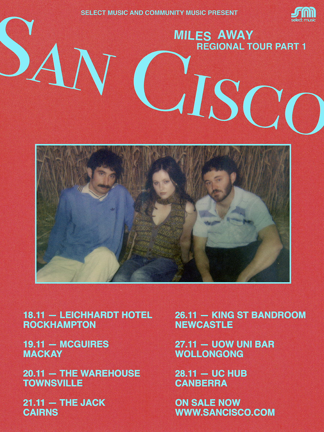 Red tour poster for San Cisco Miles Away Regional Tour Part 1, featuring dates for Rockhampton, Mackay, Townsville, Cairns, and Newcastle.